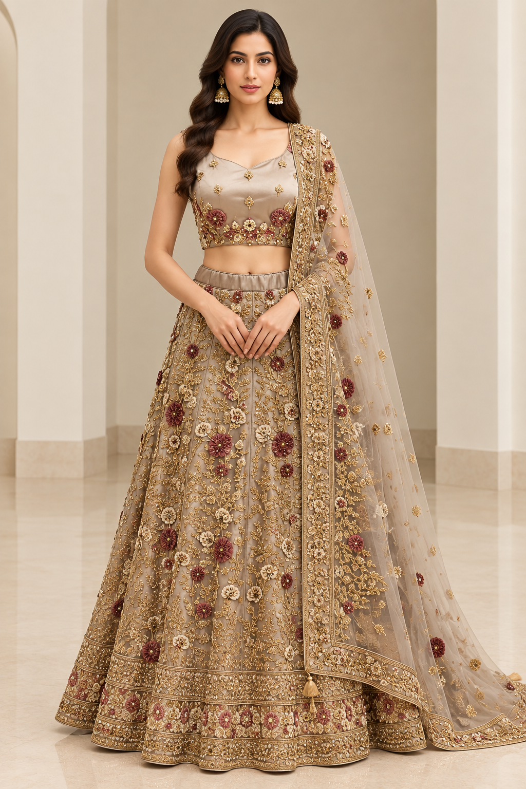 Champagne Gold Embroidered Lehenga Choli with Floral Dupatta