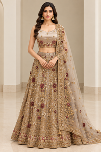 Champagne Gold Embroidered Lehenga Choli with Floral Dupatta