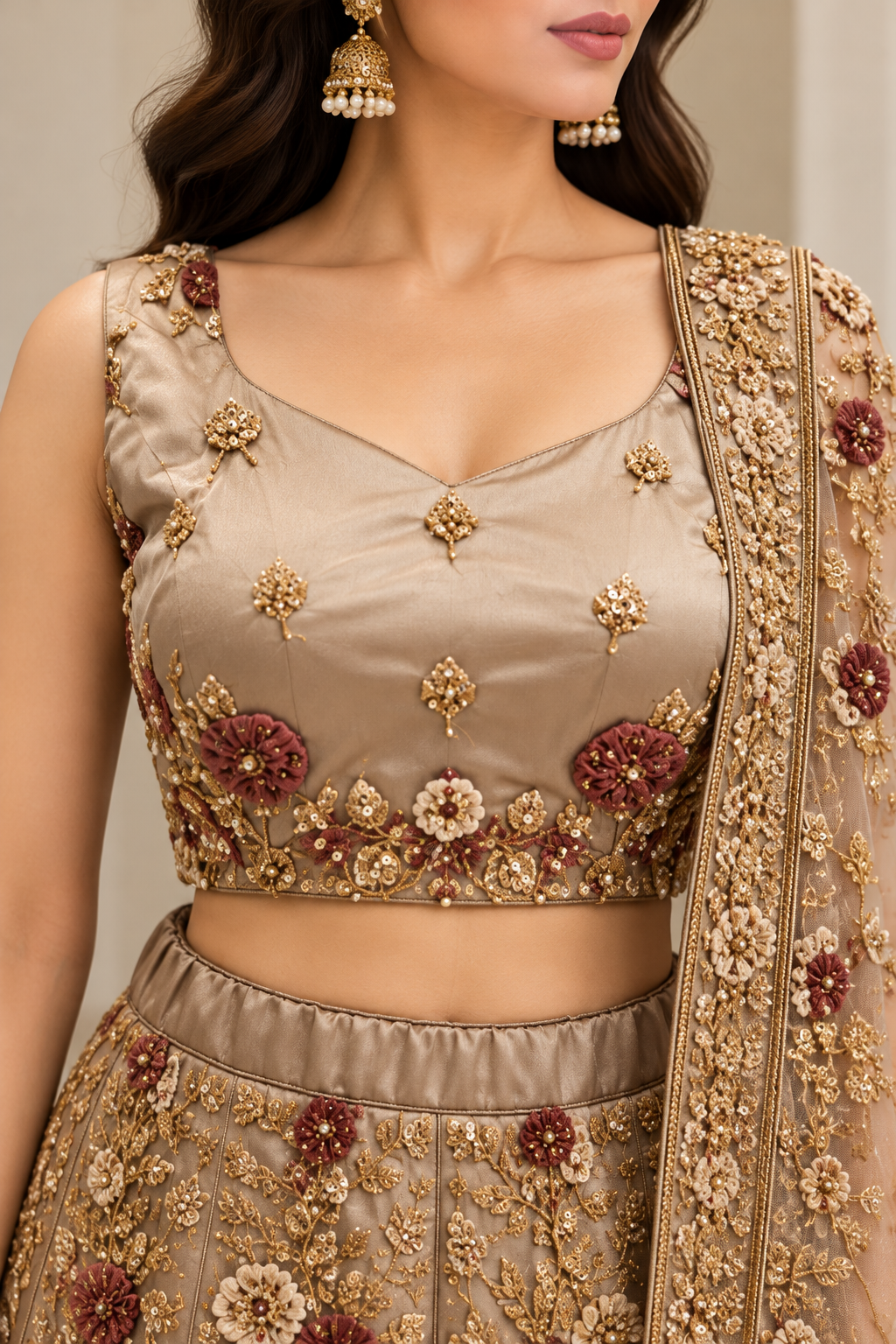 Champagne Gold Embroidered Lehenga Choli with Floral Dupatta