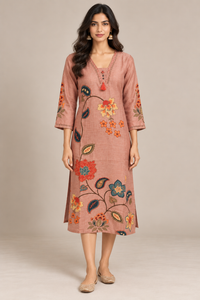 Dusty Rose Linen Floral Kurti