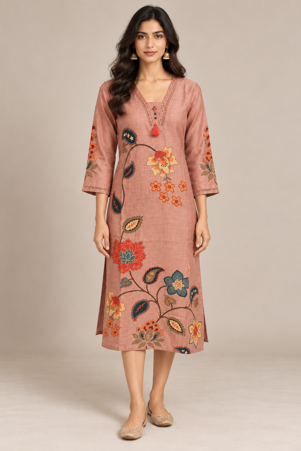 Dusty Rose Linen Floral Kurti
