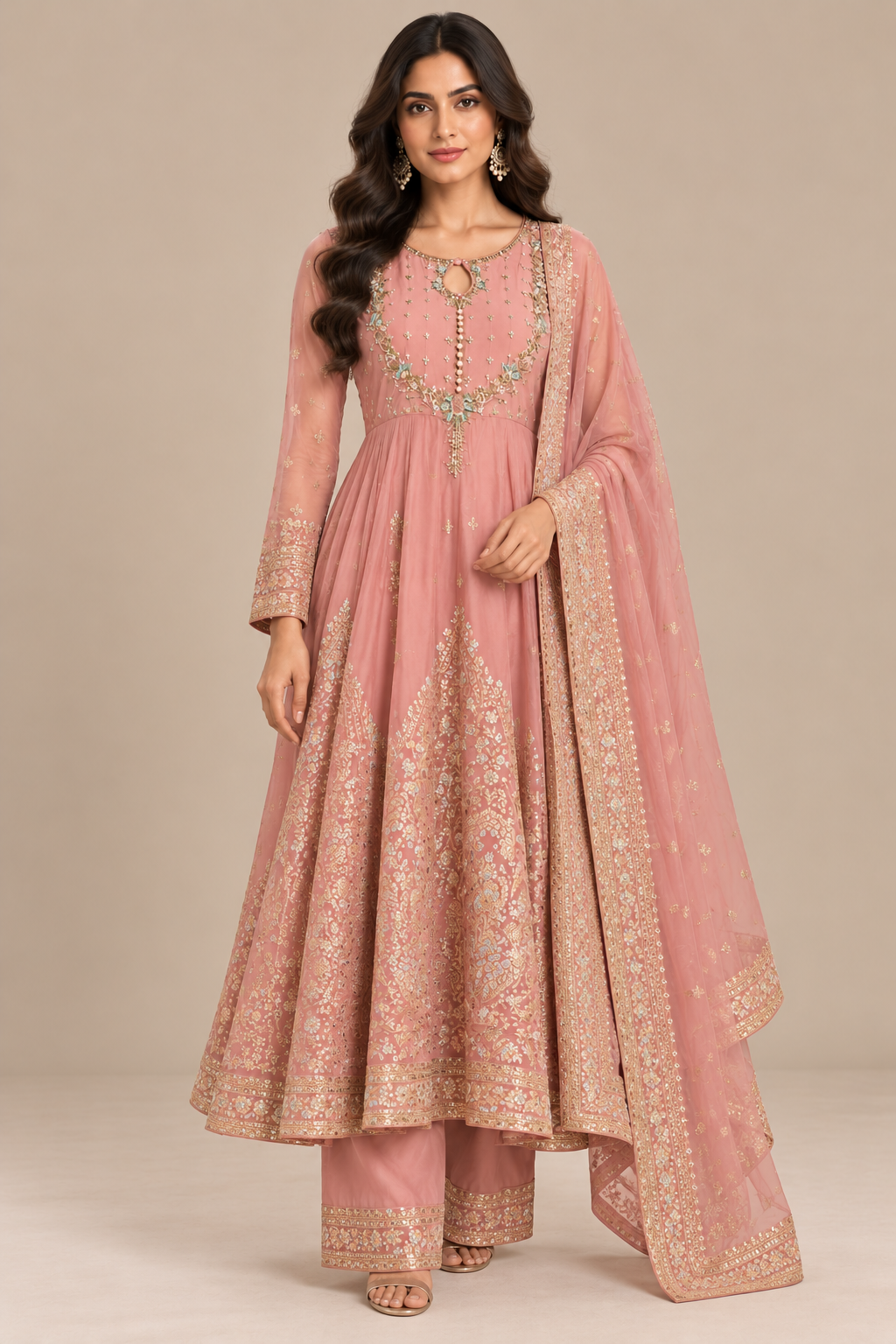 Blush Pink Silk Embroidered Anarkali Kurta Set with Dupatta