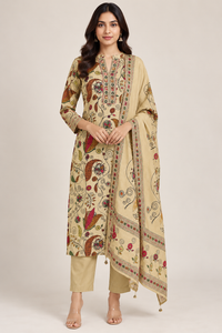 Beige Floral Printed Straight-Cut Salwar Suit with Matching Dupatta