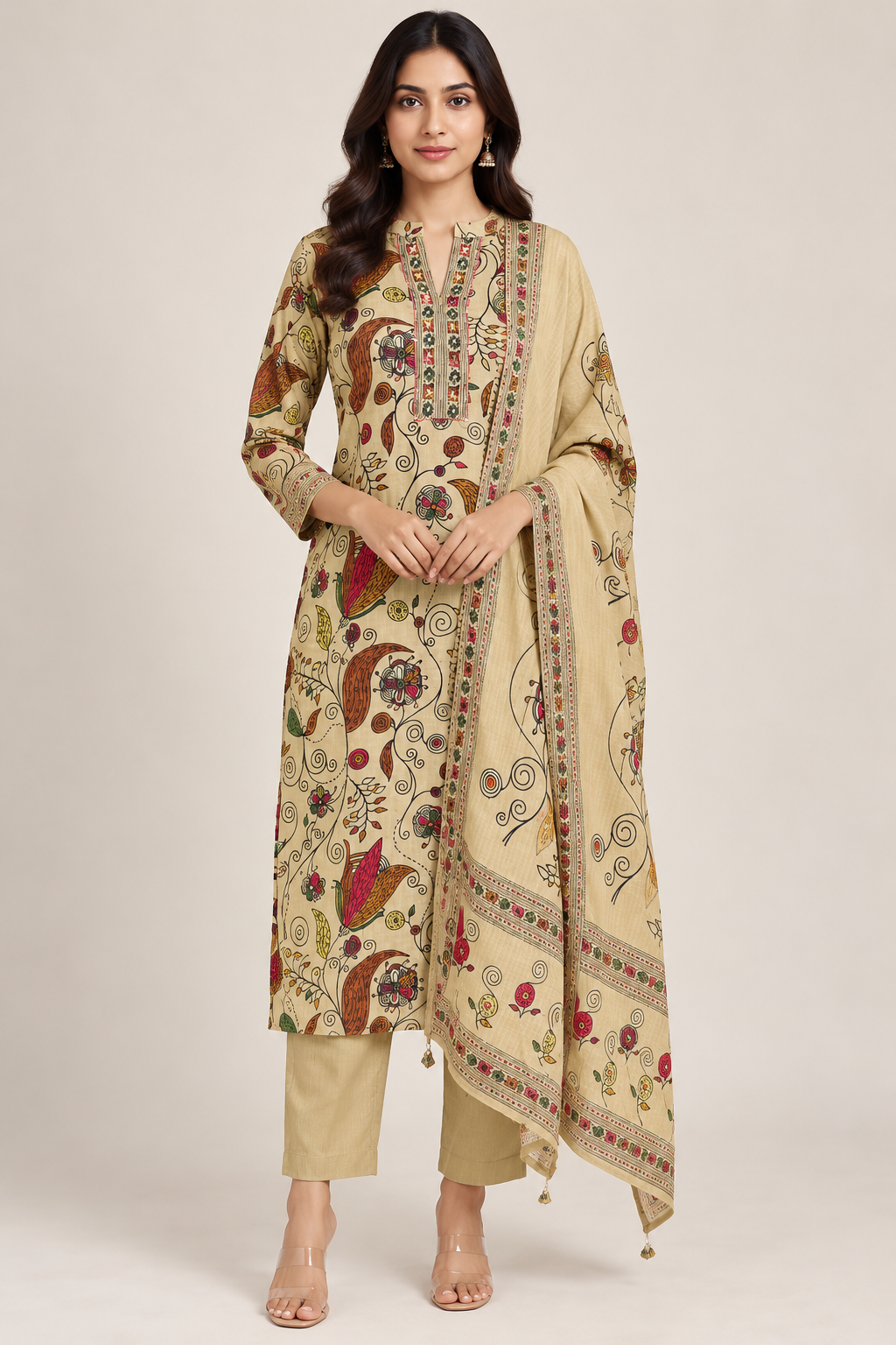Beige Floral Printed Straight-Cut Salwar Suit with Matching Dupatta