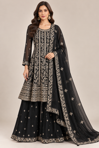Black Embroidered Sharara Suit Set with Matching Dupatta