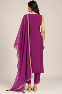 Plum Purple & Gold Printed Straight-Cut Suit Set with Dupatta