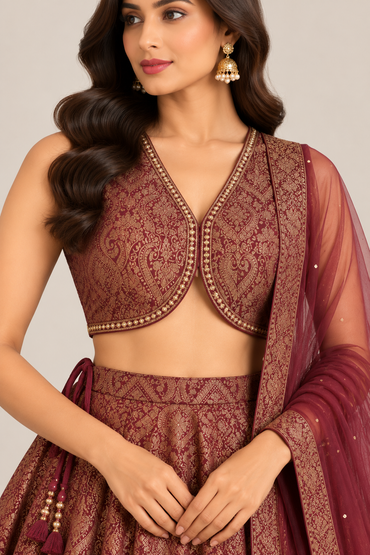 Maroon & Gold Brocade Embroidered Lehenga Choli with Dupatta