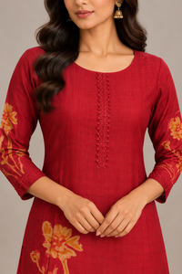 Deep Red Rayon Floral Kurti