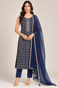 Navy Blue & Gold Printed Straight-Cut Salwar Suit with Dupatta
