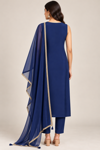 Navy Blue & Gold Printed Straight-Cut Salwar Suit with Dupatta