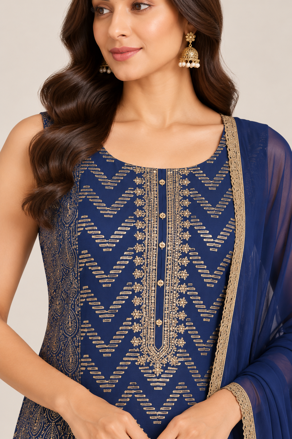 Navy Blue & Gold Printed Straight-Cut Salwar Suit with Dupatta