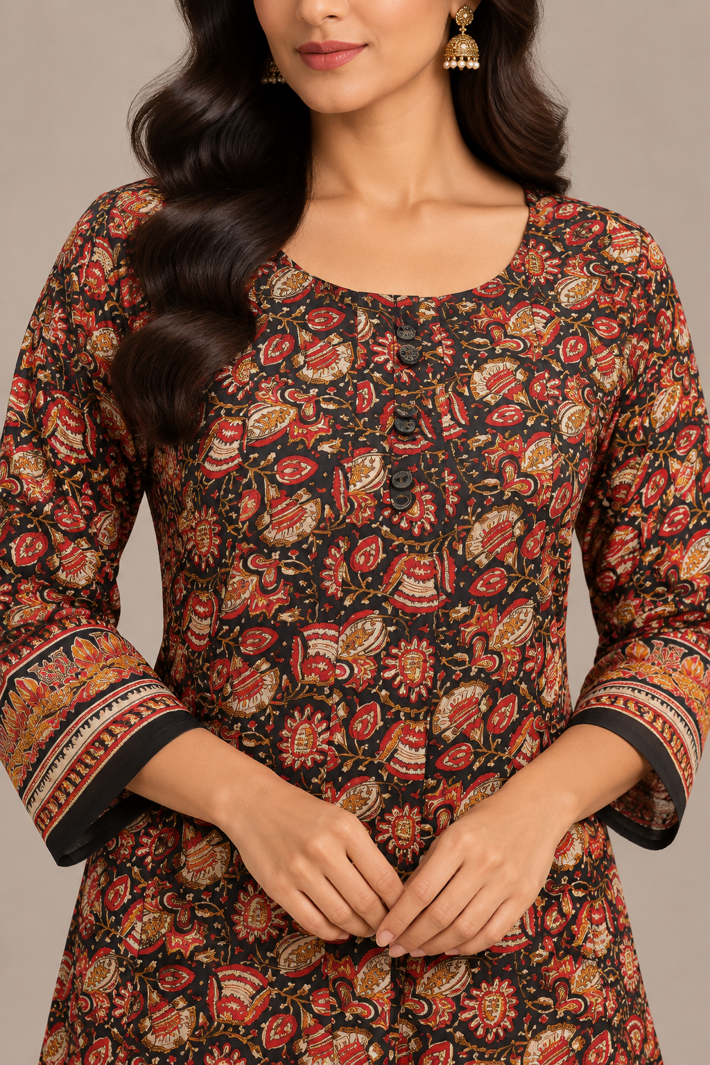 Black Multicolour Printed Silk Kurti