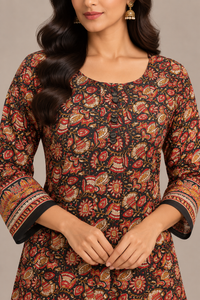 Black Multicolour Printed Silk Kurti