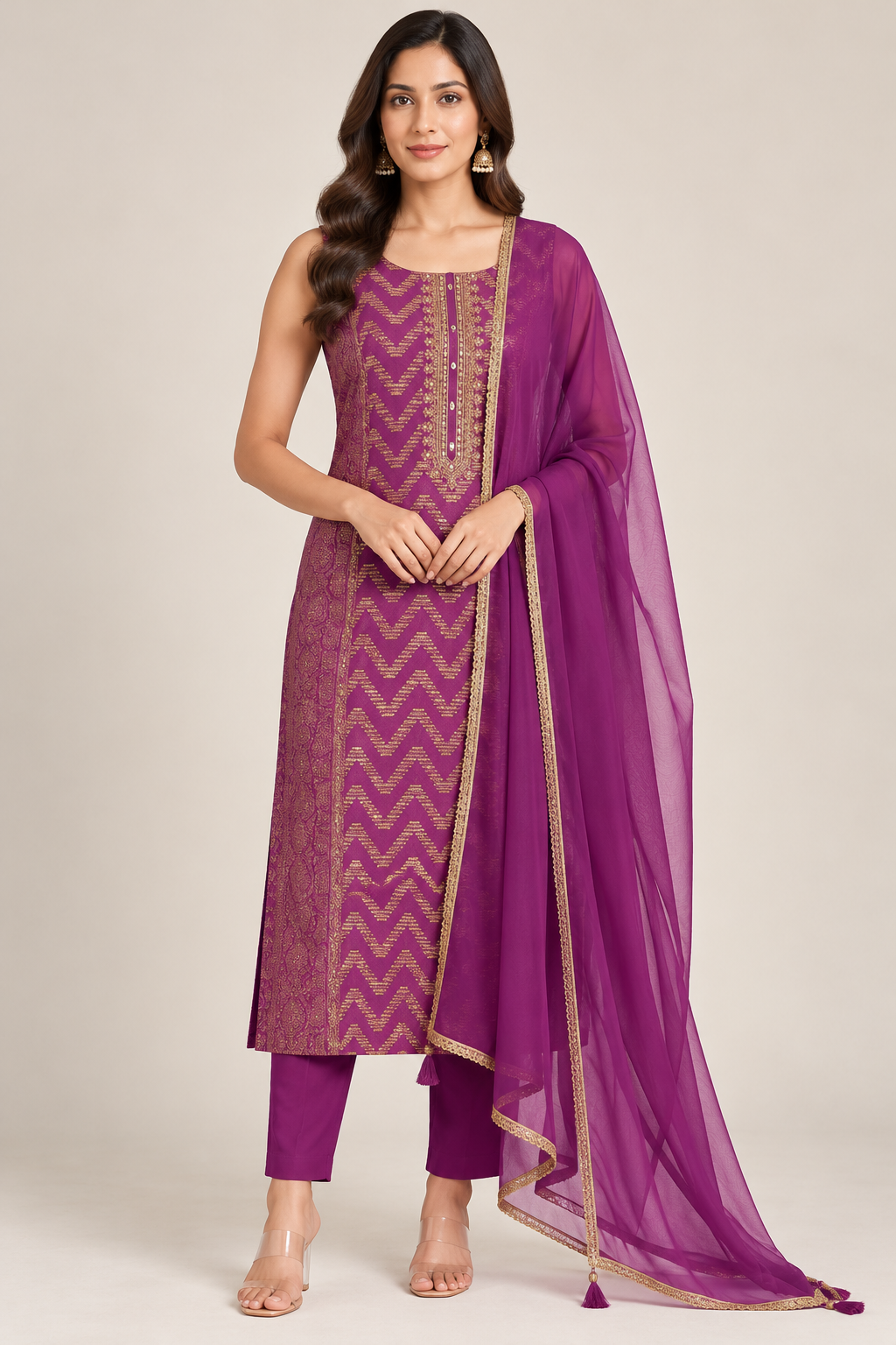 Plum Purple & Gold Printed Straight-Cut Suit Set with Dupatta
