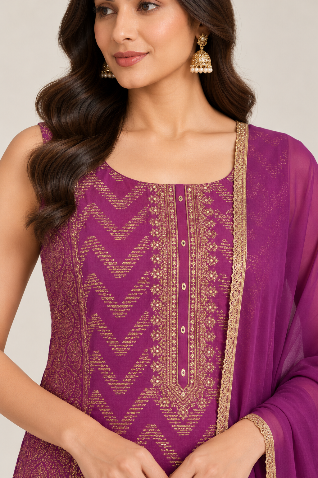 Plum Purple & Gold Printed Straight-Cut Suit Set with Dupatta