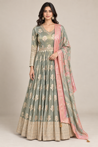 Sage Green Brocade Silk Anarkali Set