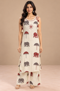 Ivory Printed Kurta Palazzo Set with Elephant & Umbrella Motifs