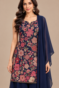 Dark Navy Blue Floral Embroidered Georgette Kurta Sharara Set with Dupatta for Women