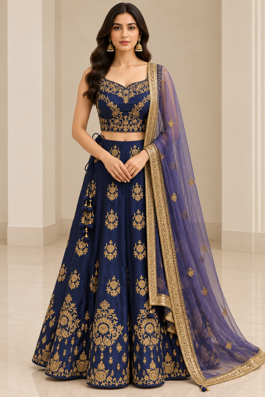 Elegant Navy Blue and Gold Embroidered Bridal Lehenga Choli with Dupatta