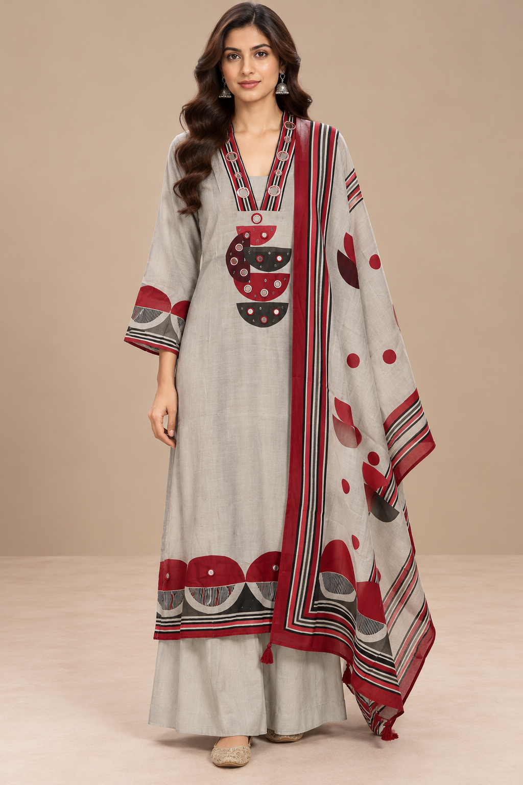 Stone Beige Silk Printed Suit Set with Contrast Dupatta