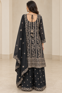 Black Embroidered Sharara Suit Set with Matching Dupatta