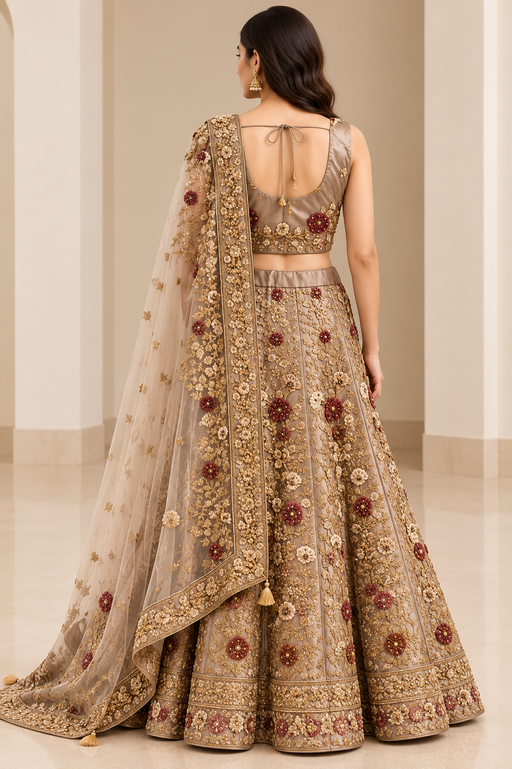 Champagne Gold Embroidered Lehenga Choli with Floral Dupatta