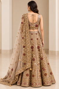 Champagne Gold Embroidered Lehenga Choli with Floral Dupatta