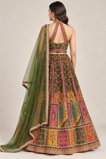 Multicolour Peacock Motif Lehenga Choli with Olive Green Dupatta