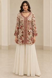 Ivory Floral Embroidered Kurta Palazzo Set with Dupatta