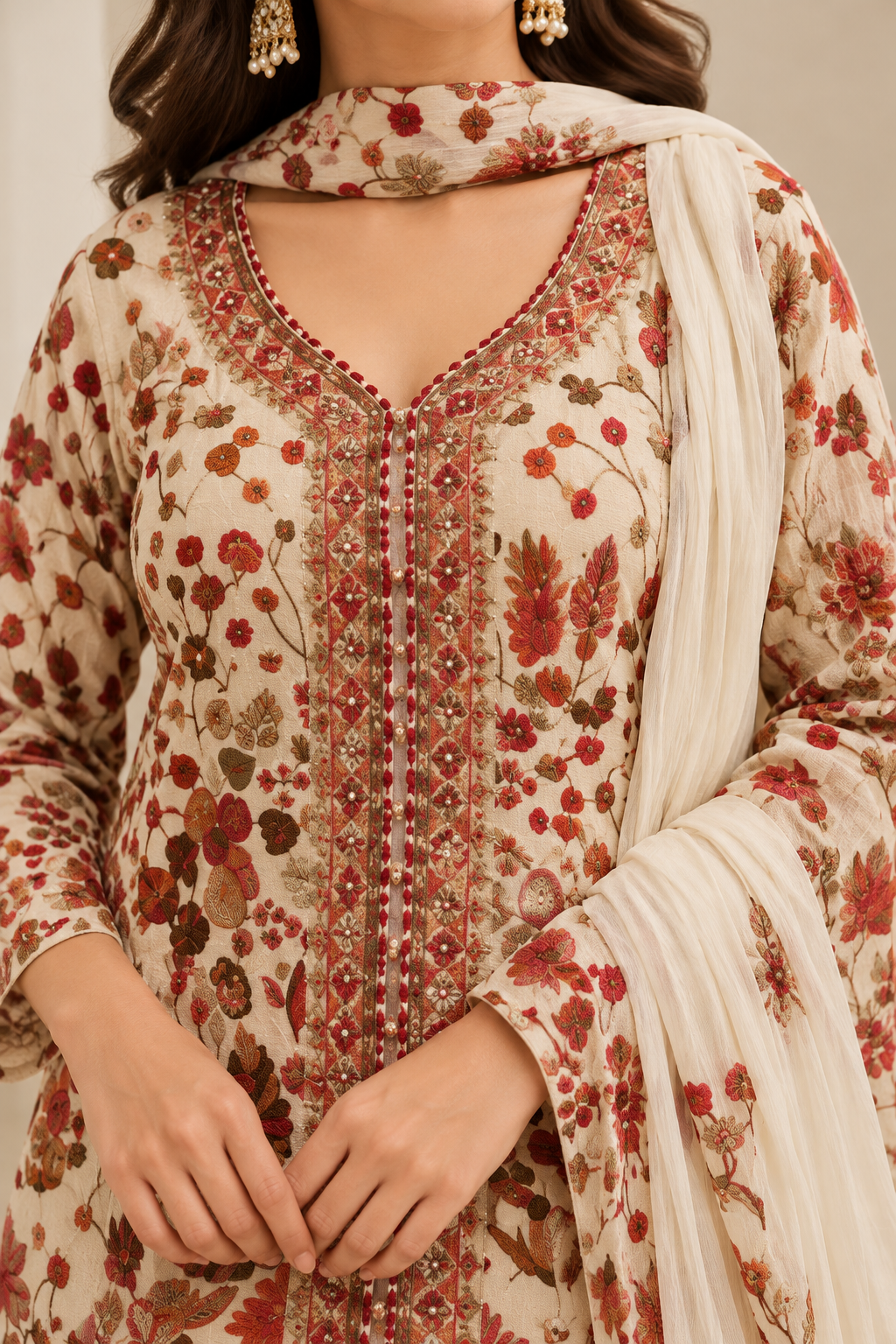 Ivory Floral Embroidered Kurta Palazzo Set with Dupatta