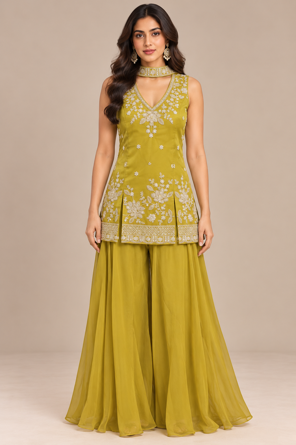 Mustard Yellow Silk Embroidered Short Kurta Set with Flared Palazzo & Dupatta