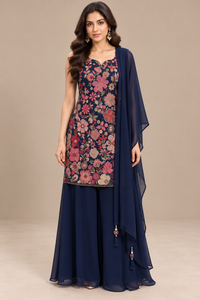 Dark Navy Blue Floral Embroidered Georgette Kurta Sharara Set with Dupatta for Women