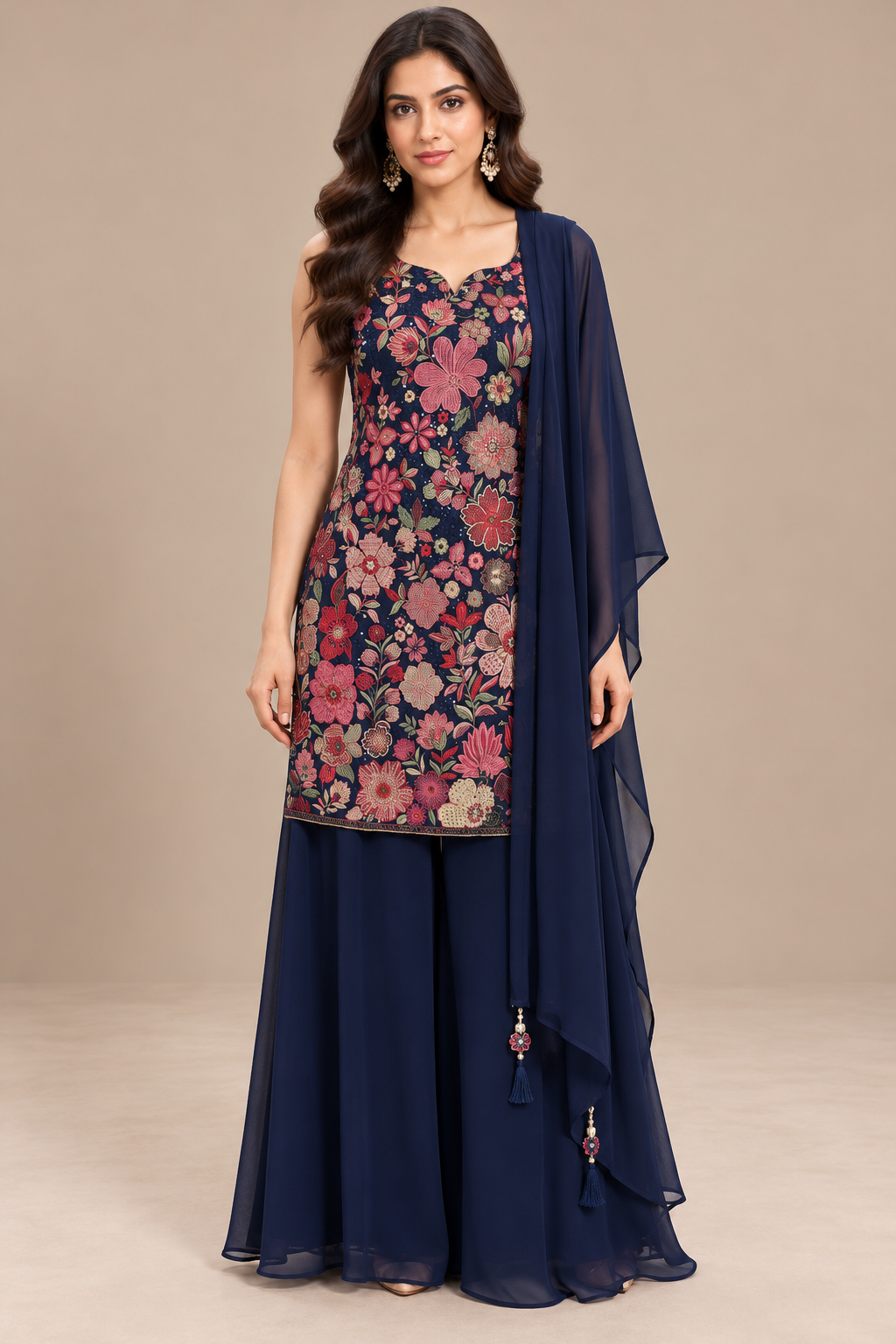 Dark Navy Blue Floral Embroidered Georgette Kurta Sharara Set with Dupatta for Women