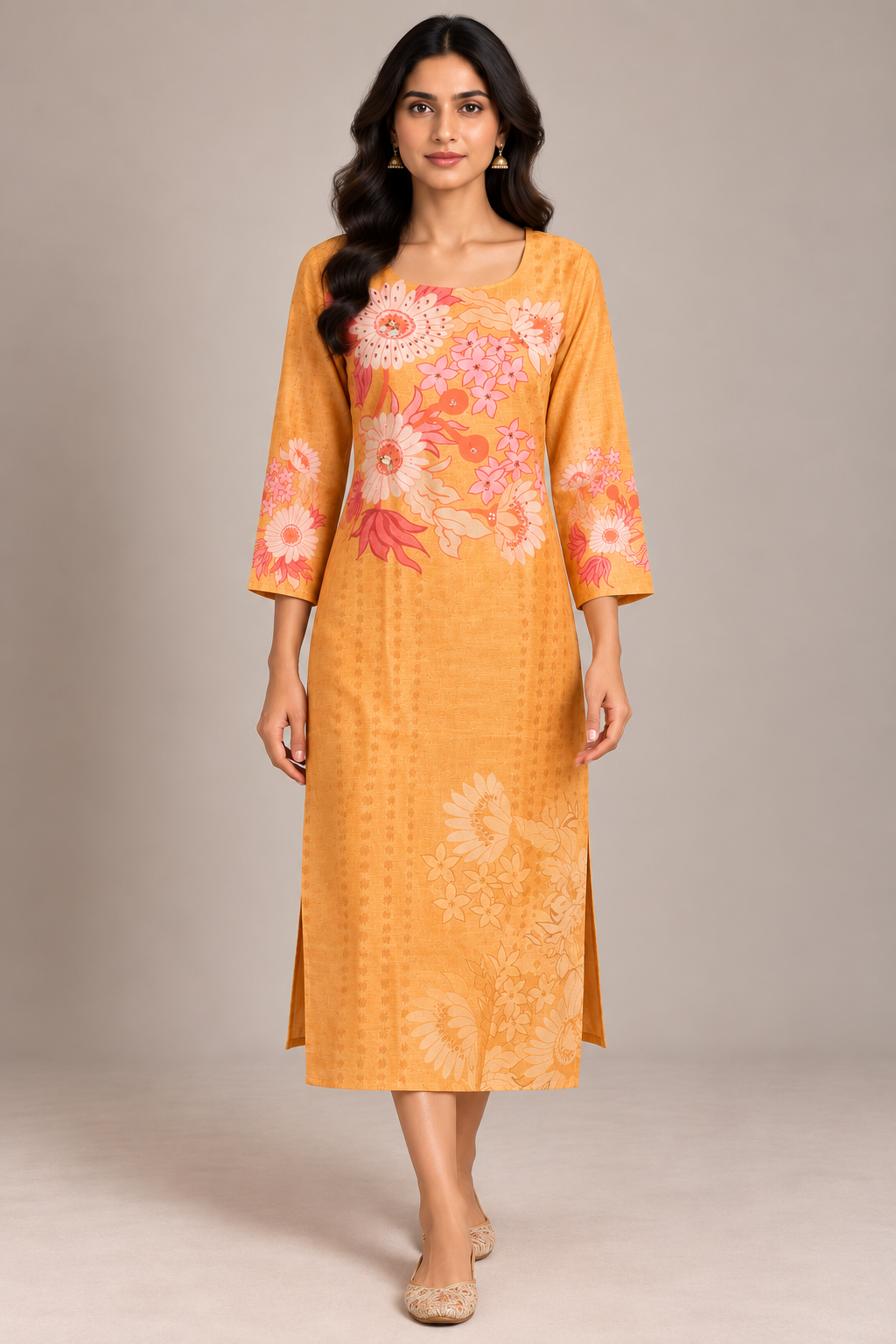 Mustard Orange Floral Printed Linen Kurti