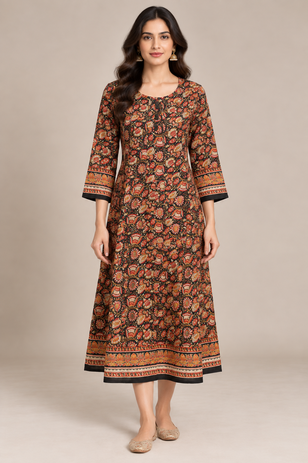 Black Multicolour Printed Silk Kurti