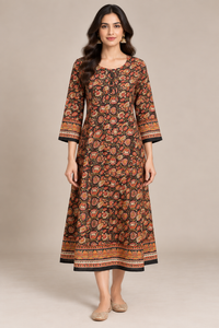 Black Multicolour Printed Silk Kurti