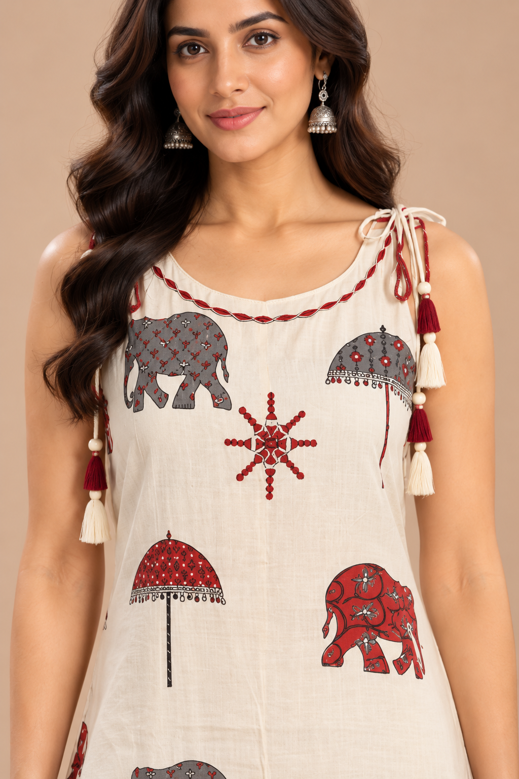 Ivory Printed Kurta Palazzo Set with Elephant & Umbrella Motifs