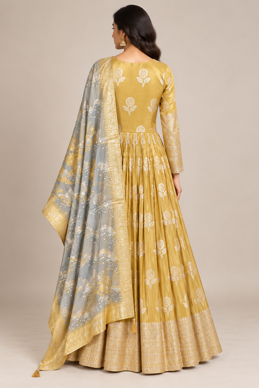Mustard Gold Brocade Silk Anarkali Set