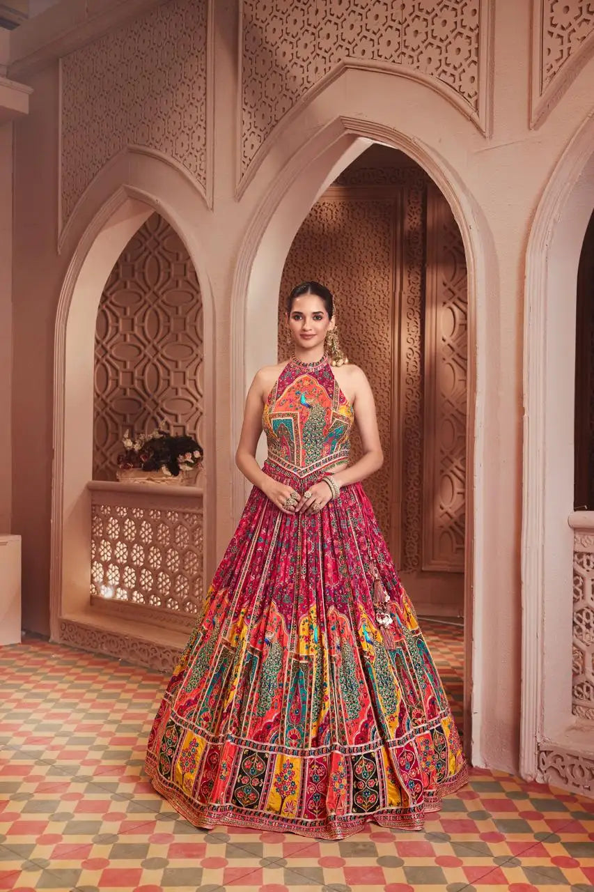 Multicolor Embroidered Bridal Lehenga Set with Halter Neck Blouse