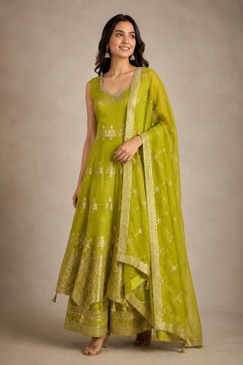 Lime Green Chinon Silk Embroidered Anarkali Suit Set with Palazzo & Dupatta