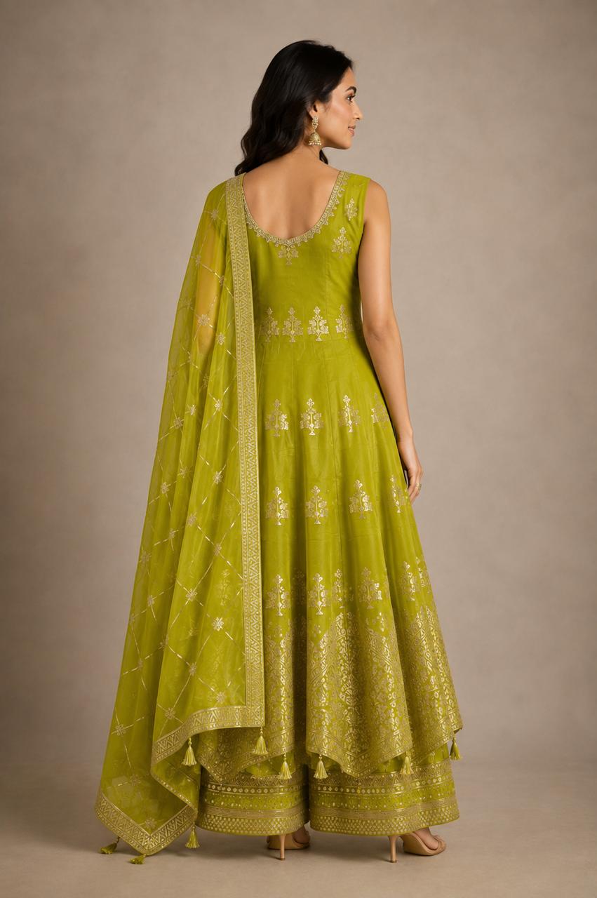 Lime Green Chinon Silk Embroidered Anarkali Suit Set with Palazzo & Dupatta