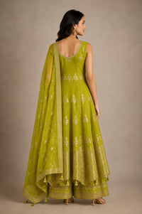 Lime Green Chinon Silk Embroidered Anarkali Suit Set with Palazzo & Dupatta