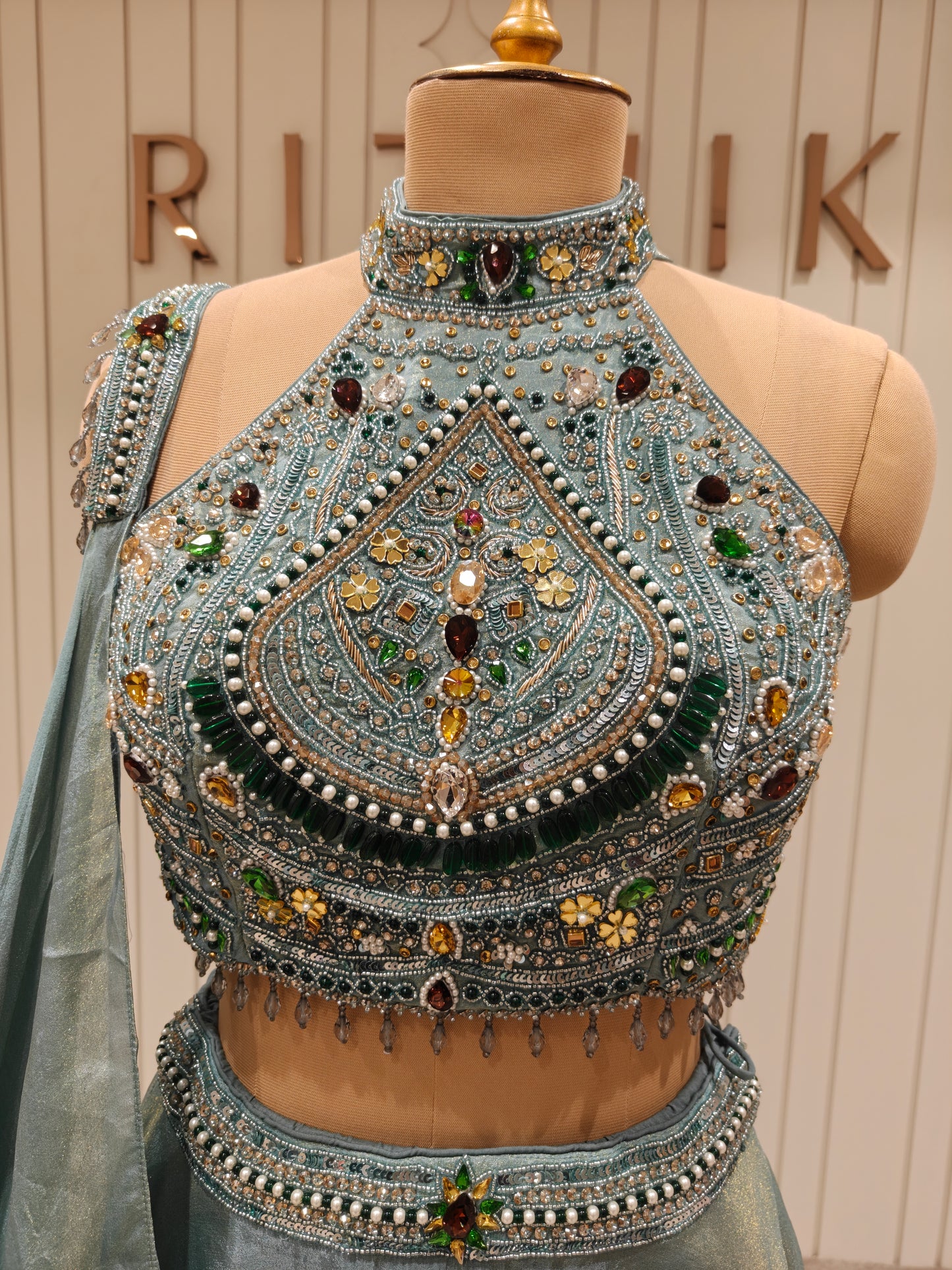 Ice Blue Tissue Silk Embellished Lehenga Set with Draped Dupatta