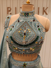 Ice Blue Tissue Silk Embellished Lehenga Set with Draped Dupatta