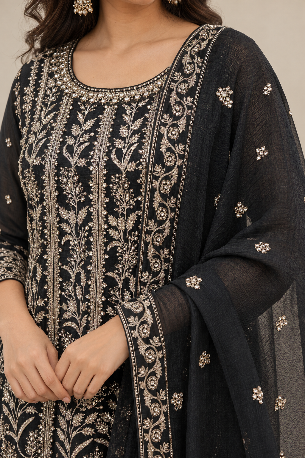 Black Embroidered Sharara Suit Set with Matching Dupatta