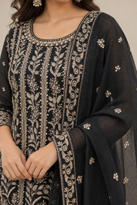 Black Embroidered Sharara Suit Set with Matching Dupatta
