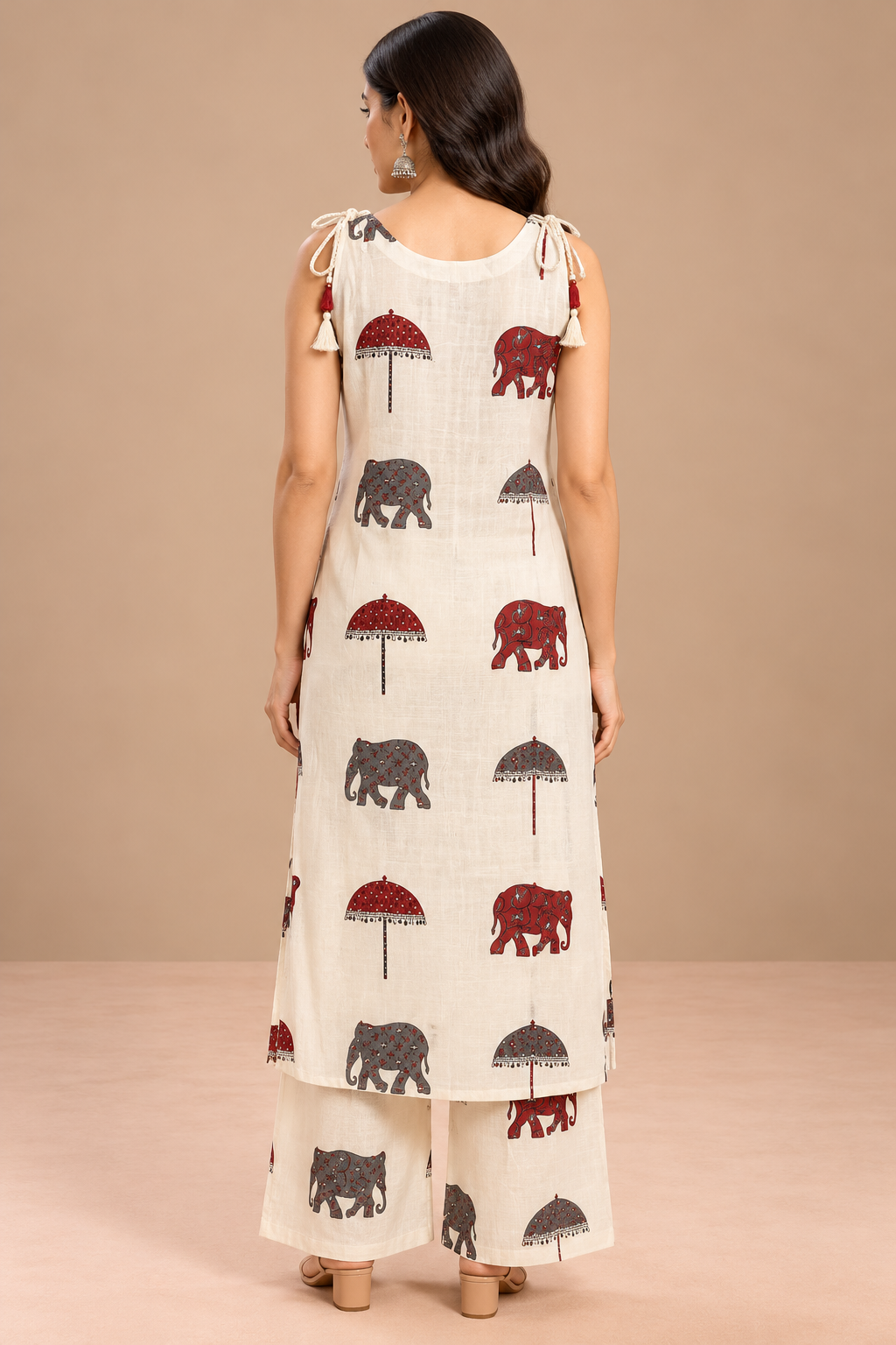 Ivory Printed Kurta Palazzo Set with Elephant & Umbrella Motifs