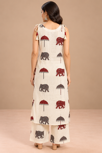 Ivory Printed Kurta Palazzo Set with Elephant & Umbrella Motifs