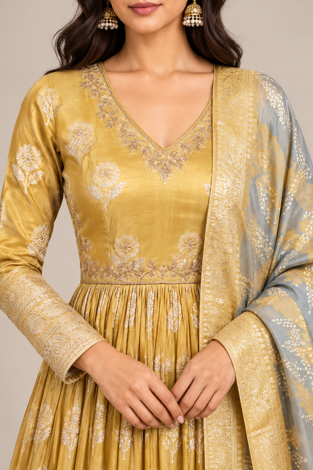 Mustard Gold Brocade Silk Anarkali Set