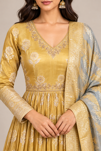 Mustard Gold Brocade Silk Anarkali Set